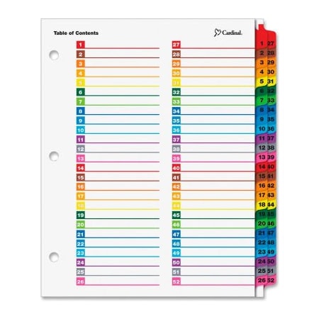 Cardinal OneStep Printable T.O.C. Divider, 1 To 52, 8.5x11, 52 Tabs, Multicolor/Multicolor